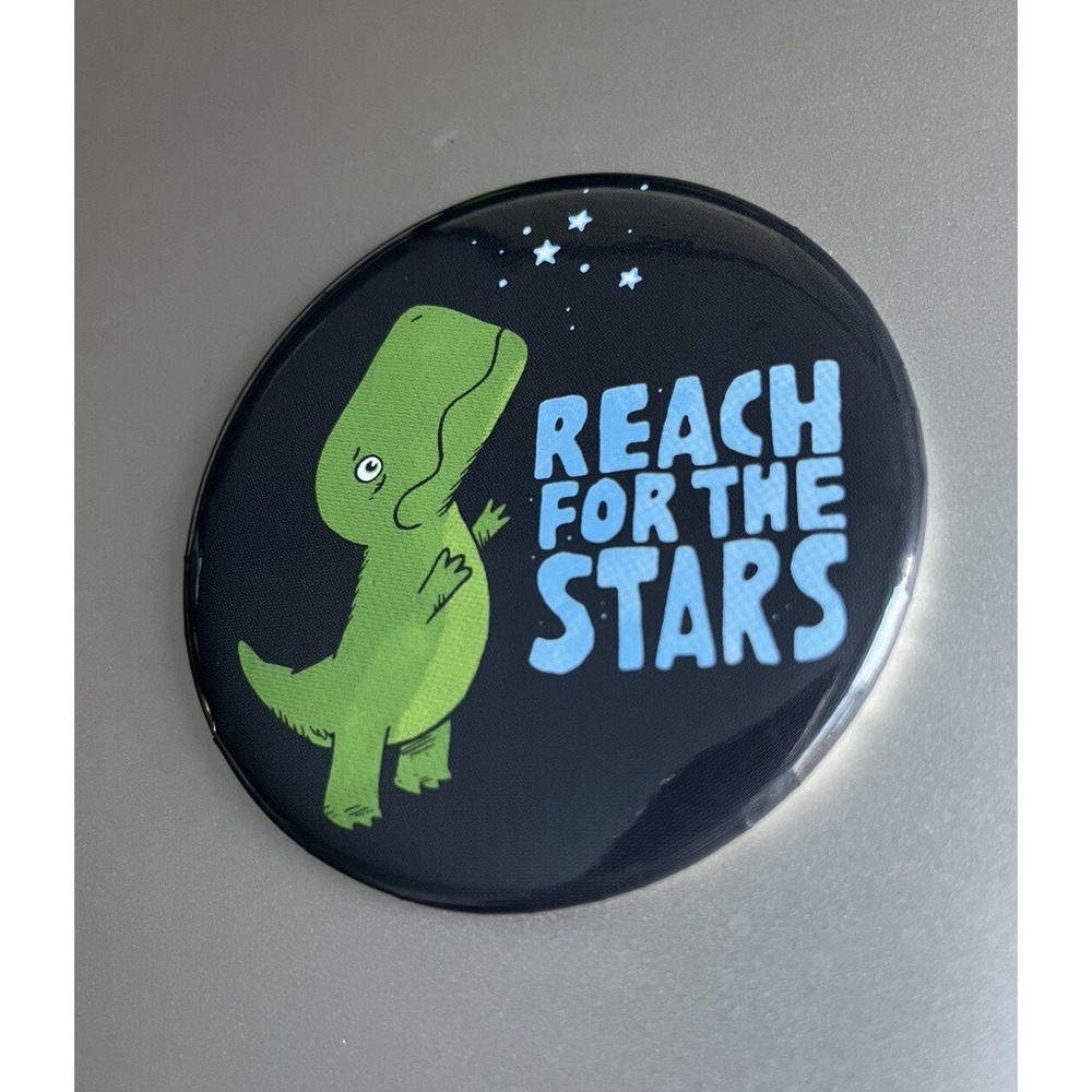 T-Rex Reach For The Stars 3" Button Pin VTG 90's T Rex Green Dinosaur - Picture 2 of 4